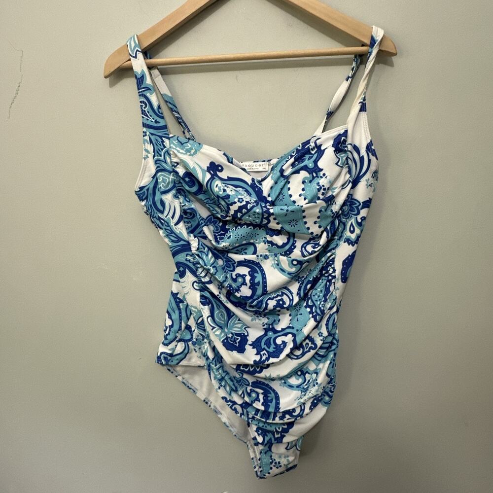 Ekouaer Swimsuit Womens XXL Blue White Paisley One Piece Ruched Beach Resort